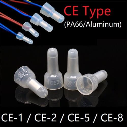 50pcs CE Type CE-1 CE-2 CE-5 CE-8 Wire Terminal Pressure Line Nylon66 Closed End Caps Connector Car Audio Cable Crimp Splice