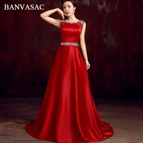 BANVASAC Luxury Crystal O Neck Sweep Train A Line Long Evening Dresses Party Sash Illusion Zipper Backless Prom Gowns