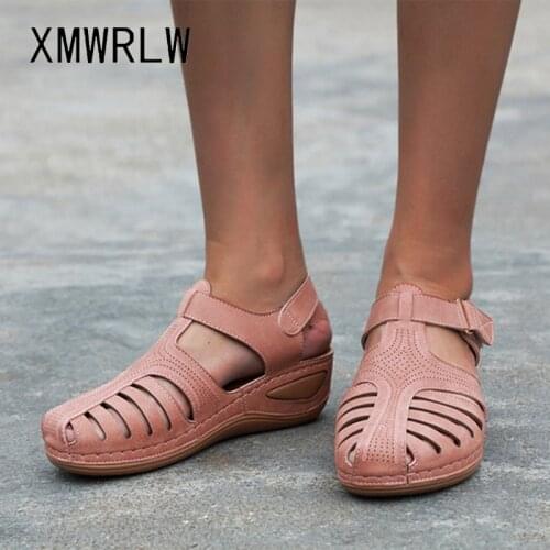 XMWRLW Summer High Heels Sandals Women Shoes Leather Closed Toe Beach Sandals Plus Size Ladies Shoes Retro Women Summer Sandal