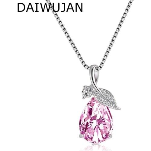 DAIWUJAN Blue Pink Purple Crystal Pendants Necklaces 925 Silver CZ Leave Water Drop Womens Necklace Party Wedding Jewelry Gift