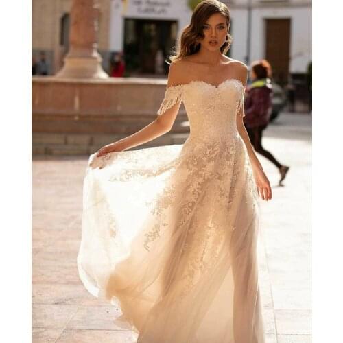 Long Lace Elegant Wedding Dresses Off Shoulder Lace Up Back Tulle Robes De Mariée Bridal Gown For Women