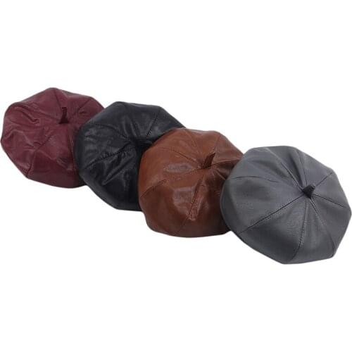 Women Hot Sale Elegant Solid Color Beret Cap Pu Leather Beret French Artist Warm Hat Ladies Casual Hat New Year Gifts