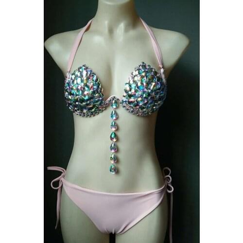 2018 Women Sexy Summer green blue silver pink gold silver-white light-pink Two 2 PIeces Beads Bodysuit Swimwear Spaghetti Strap