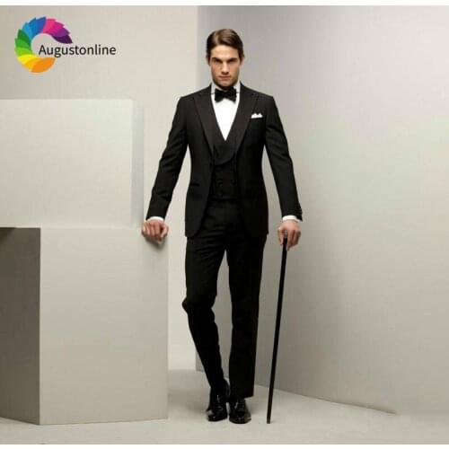 Italian Black Men Suits Wedding Slim Fit Groom Tuxedo Custom Made Groomsmen Best Man Blazer Masculino 3Piece Jacket Pants Vest