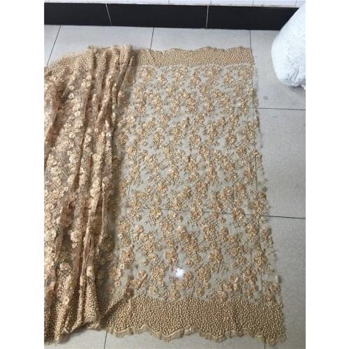 Good looking gold color plenty beaded embroidery mesh tulle african lace fabric YG-811 for wedding dress/evening dress