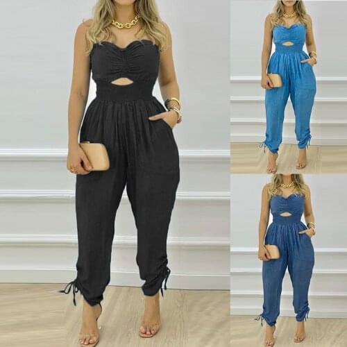 Summer Fashion Sleeveless Bandeau Cutout Shirred Pocket Design High Waist Long Jumpsuit Womens One Piece Suit Casual Clothings
