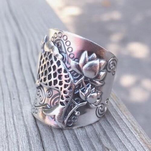 BOCAI New solid s999 pure silver carp lotus wide-faced men and women rings couples vintage handmade good luck ring for woman