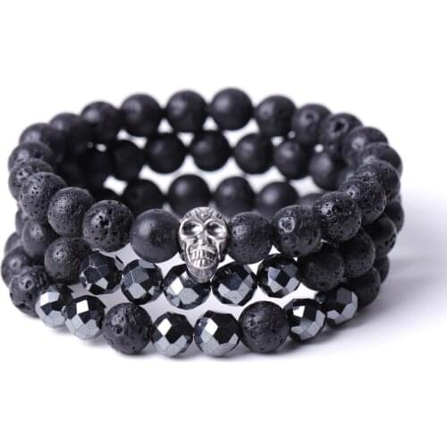 Punk 8mm Lava Stone Balance Beads Aromatherapy Essential Oil Diffuser Bracelet Skeleton Skull Head Wristband Jewelry