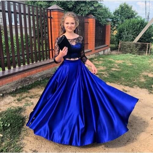 Prom Dress 2021 Two Pieces Blue Lace Top bottom Skirt Satin Half Sleeve Floor Length Scoop Brilliant Girl Party Dresses Charming