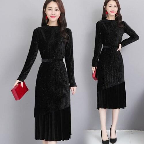 2018 Fall Women Clothes Glitter Pleated Long Sleeve Grey Coffee Velour Dress , Fashion Slim Womens Female 3xl 4xl Velvet Dresses