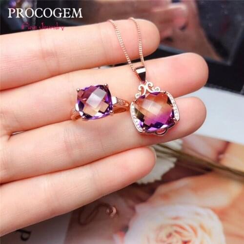 PROCOGEM Trendy Square Cuted Ametrine Jewelry sets for Women Gift Necklace Ring 10mm 12mm Big gemstones 925 Sterling Silver #743