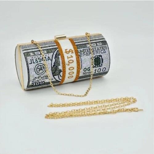 Luxury $100 Roll Dollars Rhinestone Money Bag Clutch Evening Bag Round Purse Crystals Bling Money Bag Shoulder Purse