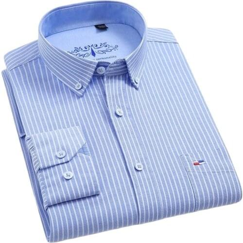 Pure Cotton Vertical Striped Men Casual Shirts Oxford Long Sleeve Mens Plaid Shirt Gray Light Blue Print Leisure Clothing Man