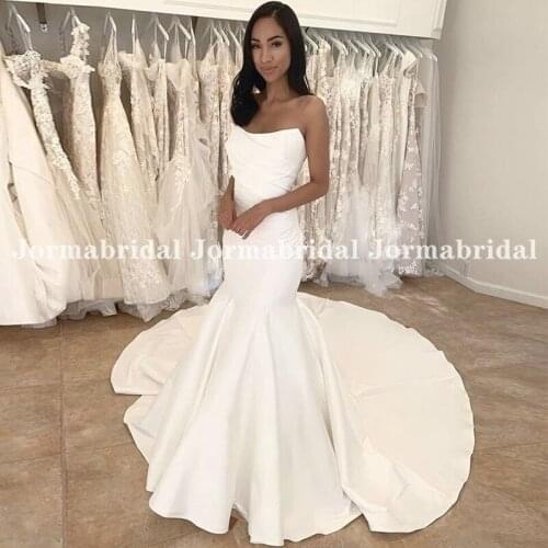 Mermaid White Pleats Satin Wedding Dress For Women 2021 Strapless Long Chapel Train Bridal Dresses Formal Vestido De Noiva