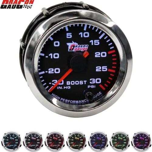 Dragon 2" 52mm Stepper Motor 7 Colors Backlight Auto Car Boost Gauge Turbin Clock Vacuum -30 In.HG Meter Instrument