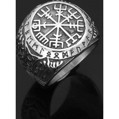 Nordic Viking mjolnir valknut vegvisir rune Amulet Ring Stainless Steel with Valknut Rune Gift Bag