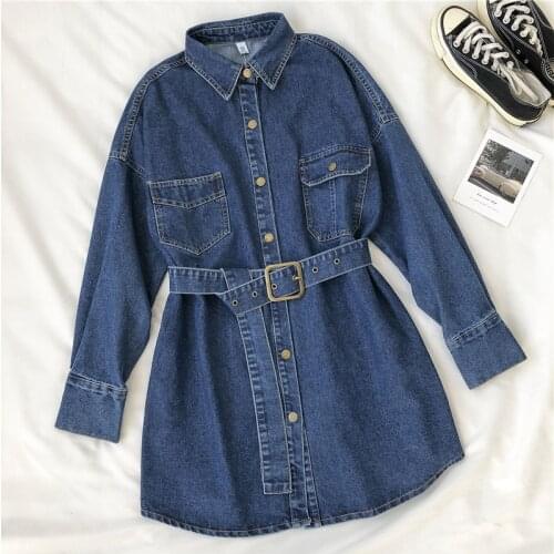 2020 Autumn New Korean Fashion Women Denim Windbreaker With Belt Long Jacket Single Breasted Jeans Jacket Casual Loose Outwear