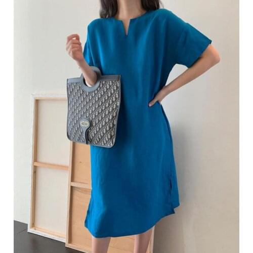 2021 Summer New Short-sleeved Straight Skirt Korean Simple Blue Cotton Linen Temperament Casual Loose Women Dress Free Shipping