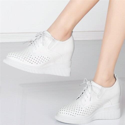 Women Lace Up Genuine Leather Wedges High Heel Ankle Boots Female Breathable Round Toe Platform Fashion Sneakers Casual Shoes