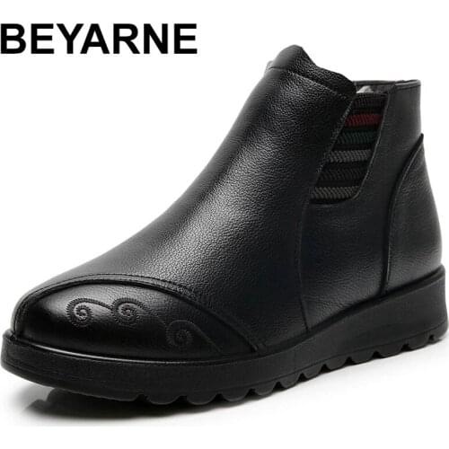 BEYARNE2021 Women Snow Boots Winter Flat Heels Ankle Boots Women Warm Platform Shoes Genuine Leather Thick Wool Fur Booties