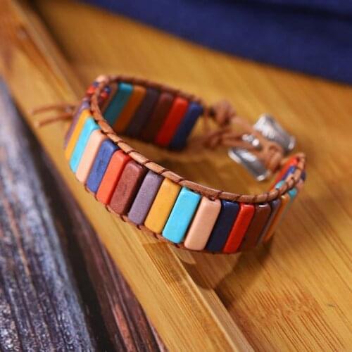 7 Chakra Bracelet Bohemian Handmade Natural Stone Tube Bead Real Leather Wrapped Bracelet Yoga Couple Bracelet Woman