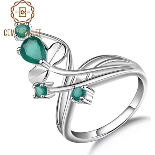 Gems Ballet 0.97Ct Natural Green Agate Gemstone Ring Solid 925 Sterling Silver Flower Ring For Women Wedding Fine Jewelry