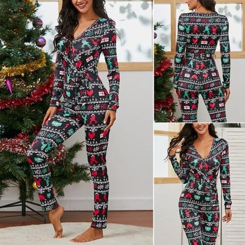 Winter Xmas Pajamas V Neck Long Jumpsuit Sleepwear Romper Adults Women Christmas Tree Print One-Piece Pijamas