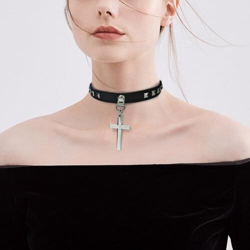 100% Handmade Neck Rock Punk Jewelry Cool Cross Pendant Necklaces Statement Gothic PU Leather Choker for Women Man X629 New