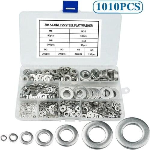 1010pcs Washer Set M2 M3 M4 M5 M6 M8 M10 M12 Stainless Steel Washer Flat Washers Ring Plain Washer Gaskets Assortment Kit GB97