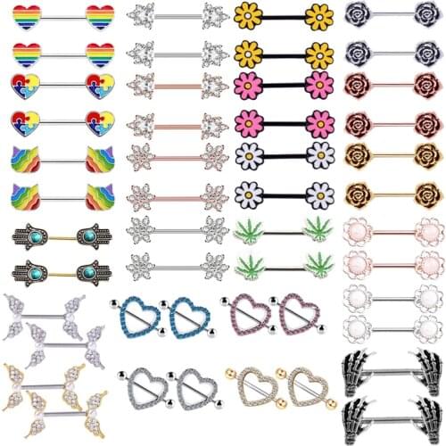 2PCS 14G Nipple Piercing Heart Barbell Nipple Shield Flower Charming Nipple Rings for Women Body Piercing Jewelry Nipple Clamps