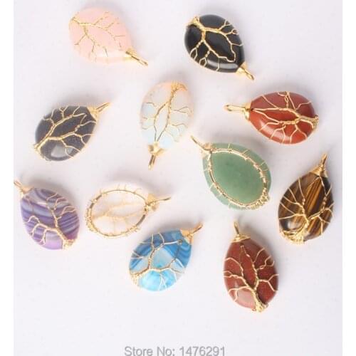37x25MM 11 Colors Crystal Stone Water Drop Handmade Wire Winding Life Tree Plated Gold Pendant 1PCS