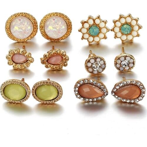 6 Pairs/Set Flower Stud Earrings Set For Women Gold Color Crystal Round Earring Water Drop Charm Beads Rhinestone Stone Jewelry