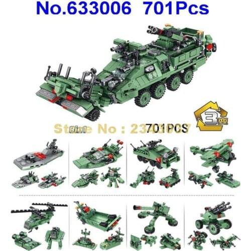 633006 701pcs 8in1 25 Types Stryker Armored Vehicle Military Helicopter Hovercraft Landing Ship Artillery Building Block Toy