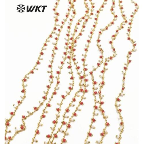 WT-RBC126 Natural Stone Chain White&Red Stone Beads With Gold Electroplated Chain 3MM Beads Chain 10meters For Jewel Making