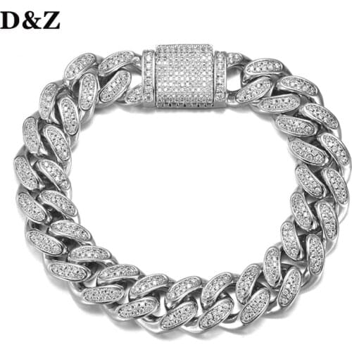 D&Z New 12mm Miami Cuban Link Bracelet Bling AAAA Cubic Zirconia Stones Charm For Mens Hip Hop bracelet Women Jewelry