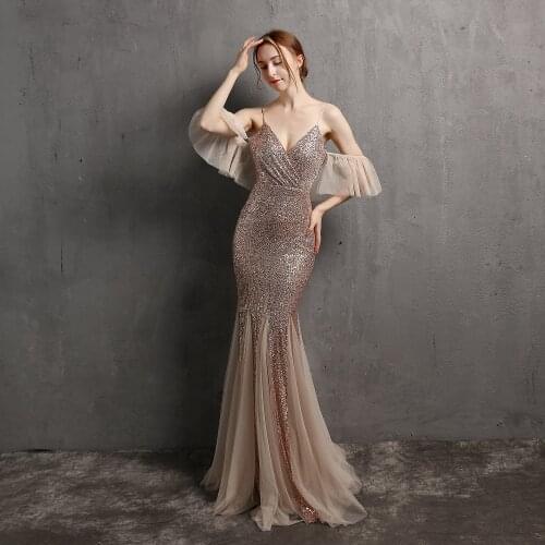 Sexy Sling V-neck Evening Dresses Long Mermaid Formal Party Gowns Sequins Open Back Woman Dress Vestidos
