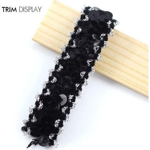 Elastic Strench Sequin Trim Beaded Black Silver Braided Applique Trimming Embellishment Sewing Supplies for Costume 30yd/T1050