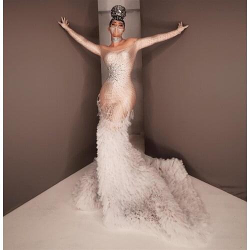 Elegant Women Off Shoulder Dresses Rhinestone Elastic Tight Mesh Long Dress Evening Party Ball Gown Luxury Singer Stage Costumes