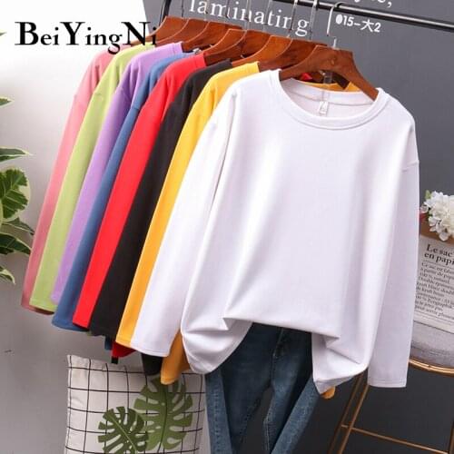 Beiyingni T-shirt Women Solid Slim Basic Leisure Harajuku Tops Woman Cotton Plain Spring Autumn Tshirts M-4XL Oversized T Shirts
