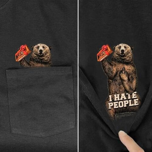 Cotton T-Shirt Fashion Summer Pocket Bear Is with Chocolate Bar Printed T-shirt Men for Women Tops Funny Cotton Black Tees