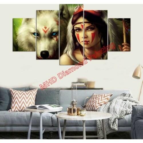 Set of 5 Multiport Painting DIY Diamond Painting Wolf Woman 3d diy Cross Stitch Full Round Mosaic Indian Woman Wolf Set 5pcs