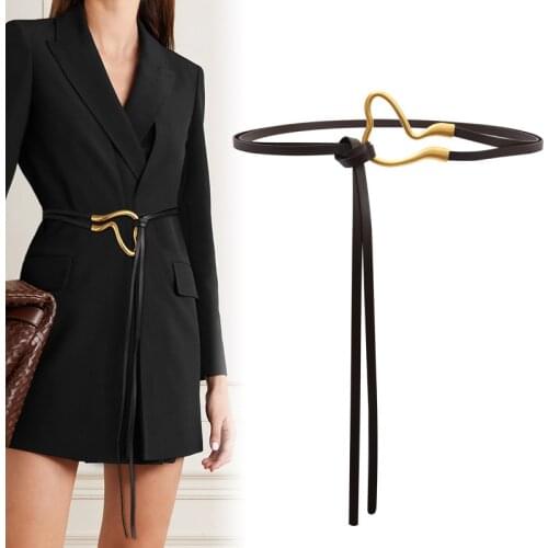New Design Knot Belts All Match Thin Genuine Leather Waistbands For Coat Black Long Soft Cowskin Knotted Cummerbunds Dress Girl