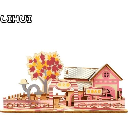 Autumn Garden 3D Wooden Puzzle Toys Jigsaw Architecture House DIY Manual Assembly Kids Puzzles Educational Wood Toy for Children