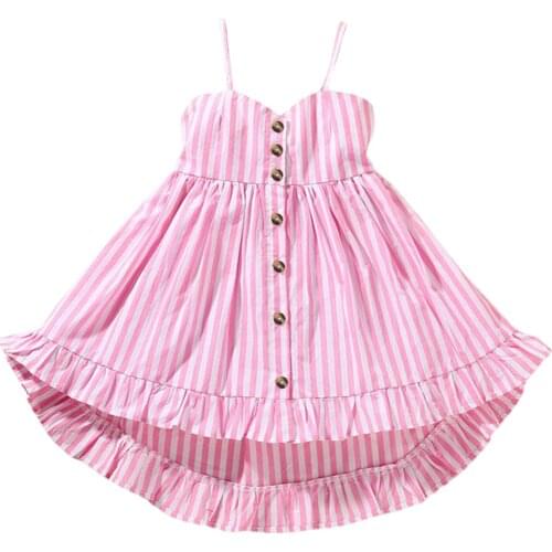 2021 0-6Y Princess Kids Baby Girl Dress Summer New Pink Striped V Neck Bow Button Rullfe A-line Dress Sundress