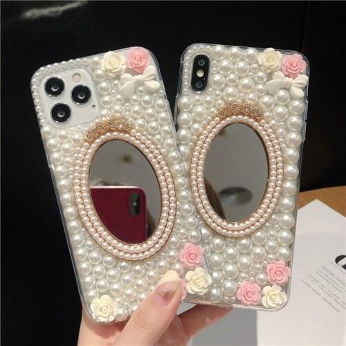 Luxury Full Bling Pearl Diamond Make Up Mirror Flowers Case Cover For Samsung Galaxy A10/20/30/40/50/70/80/90 S A21/31/41/51/71