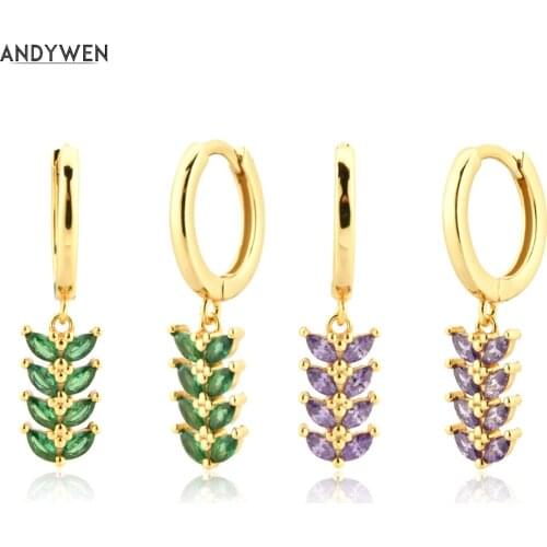 ANDYWEN 925 Sterling Silver Colorful Rainbow CZ Leaves Drop Earring Women Piercing 2021 Fine Jewelry Rock Punk Jewelry Guft