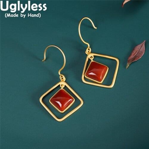 Uglyless Geometric Naughty Swinging Squares Dangle Earrings for Women Nature Agate Simple Dress Jewelry 925 Silver Brincos Bijou