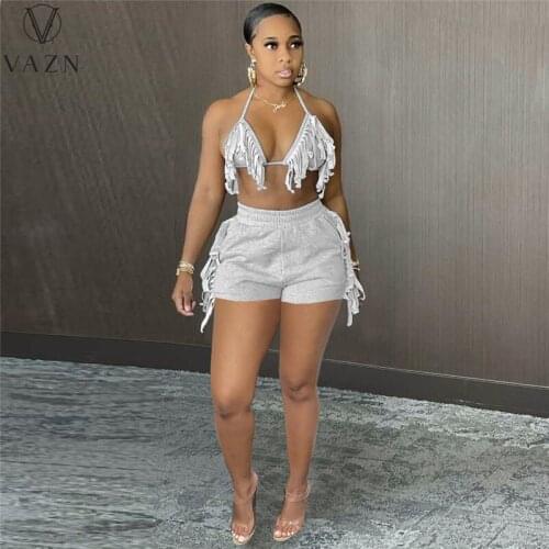 VAZN 2021 Hot Tassel Beach Set Soft Solid Simple Sexy Young Bikini Top Short Pants Skinny Women 2 Piece Set Women Wear
