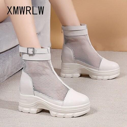XMWRLW Genuine Leather Ankle Boots For Women Summer Breathable Mesh Shoes Hidden Heel Women Wedges Shoes Summer Ankle Boots