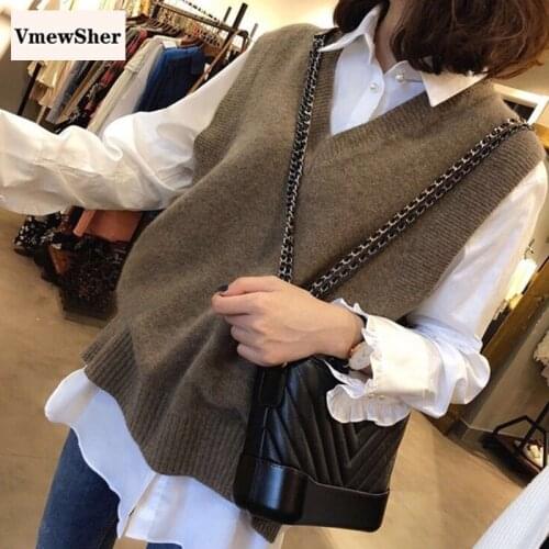 VmewSher New Autumn Slit Women Sweater Vest 2020 Vintage V-Neck Spring Sleeveless Pullover Knitted Top Casual Female Waistcoat